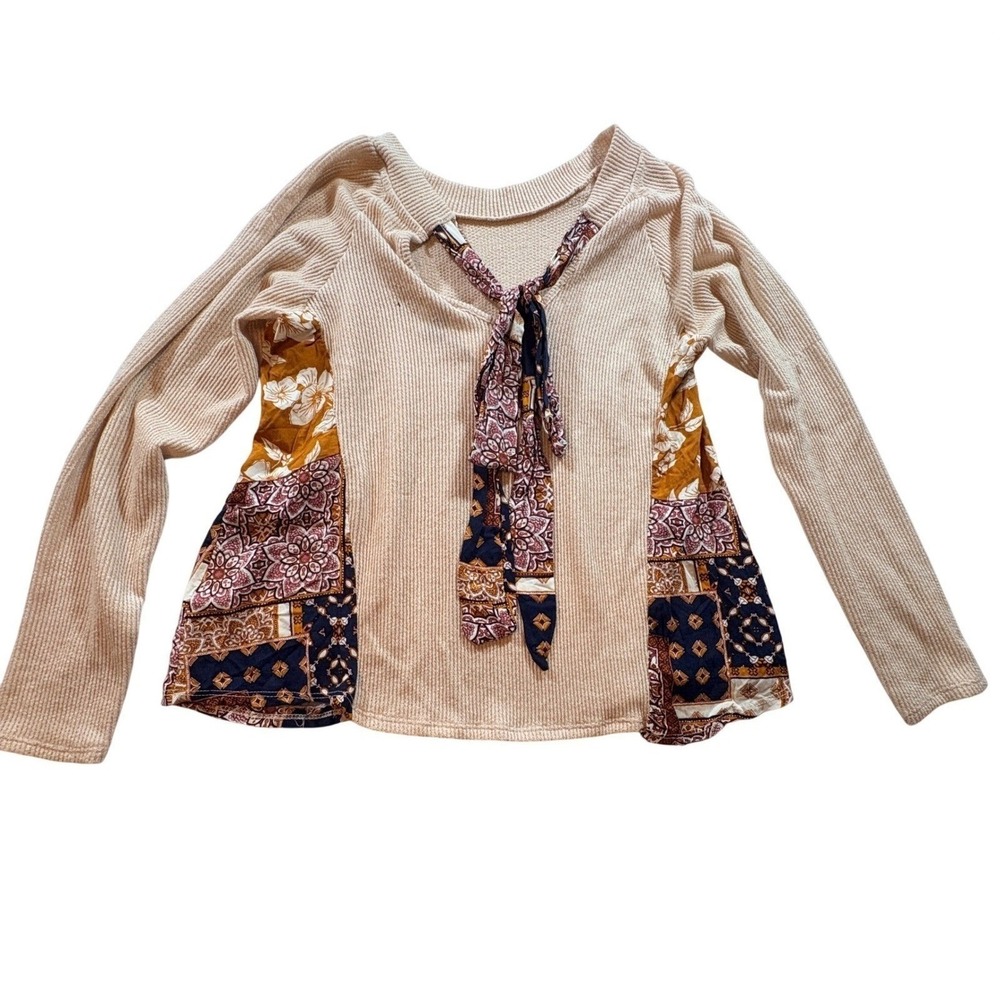 Blue Rain Francesca's Taupe Thermal Patchwork Tie Front Top L D9FT1048